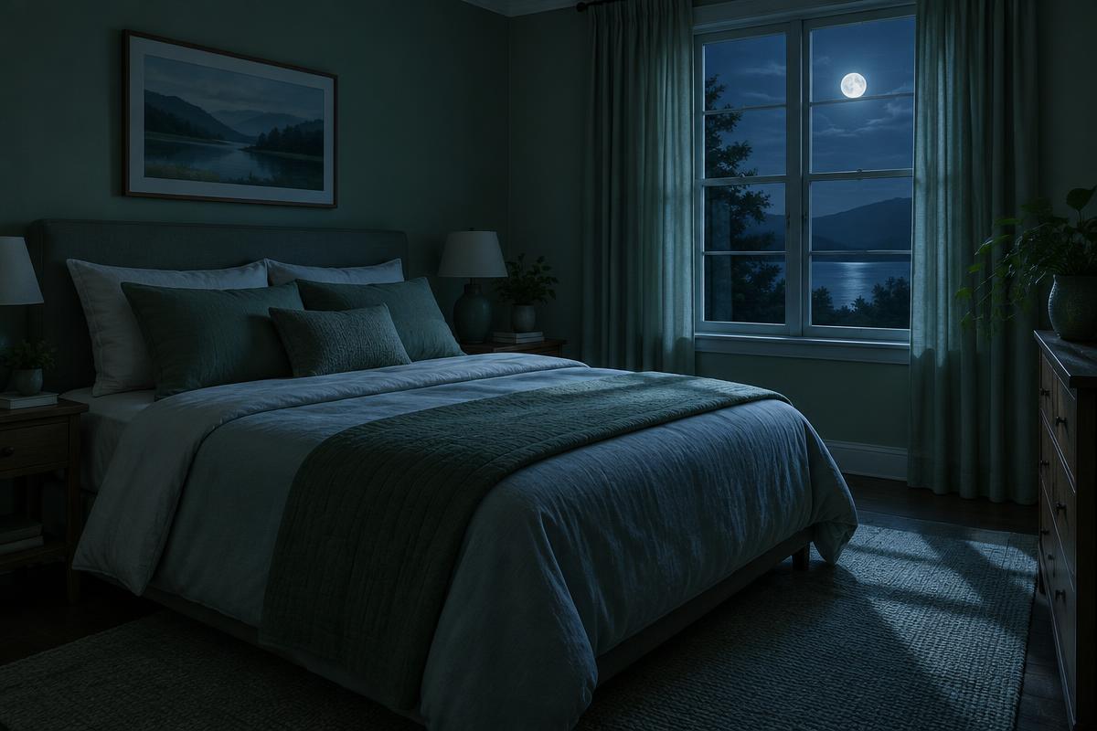 Calm, dark bedroom at night set up for deep, restorative sleep