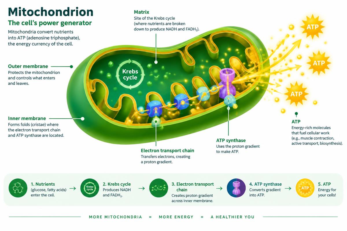 Diagram showing how mitochondria convert nutrients into ATP cellular energy through the Krebs cycle and electron transport chain