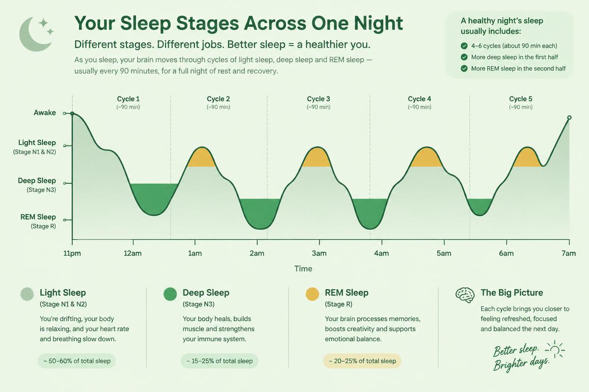 Chart of sleep stages across one night showing cycles of light sleep, deep sleep, and REM sleep from 11pm to 7am, with deep sleep concentrated in the first half of the night