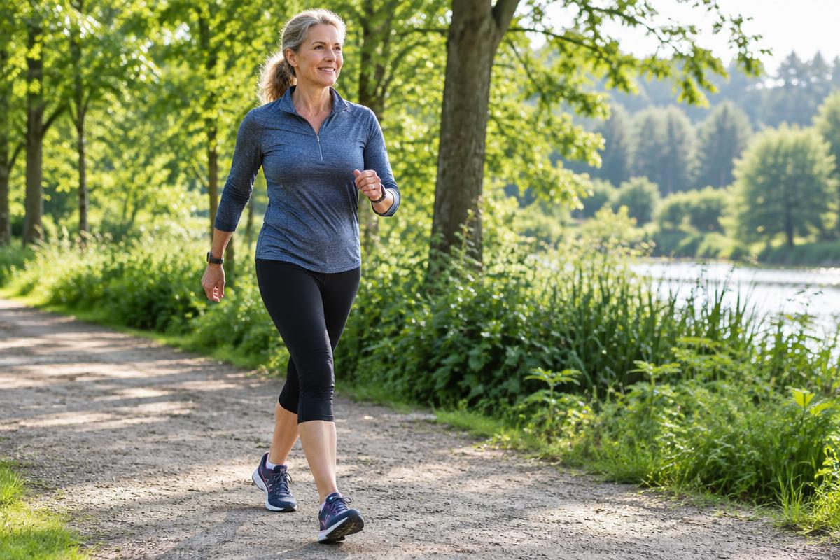 Adult in their 50s walking briskly on a nature trail for Zone 2 cardio exercise, which supports better sleep quality